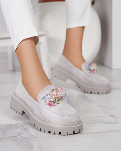 Hellgraue Damen Mokassins mit bunten Perlen Hetika - Footwear