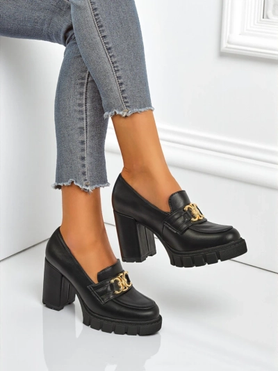 Damen Nero Aurora Pumps mit Blockabsatz und goldener Schnalle, Öko-Leder
