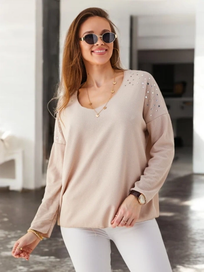 Royalfashion Damen dünner Viskosesweater mit Strasssteinen auf den Schultern