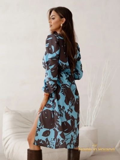 Kleid Afrodyta Blu Oceano – blaues Midi, lange Ärmel, klassischer Stil