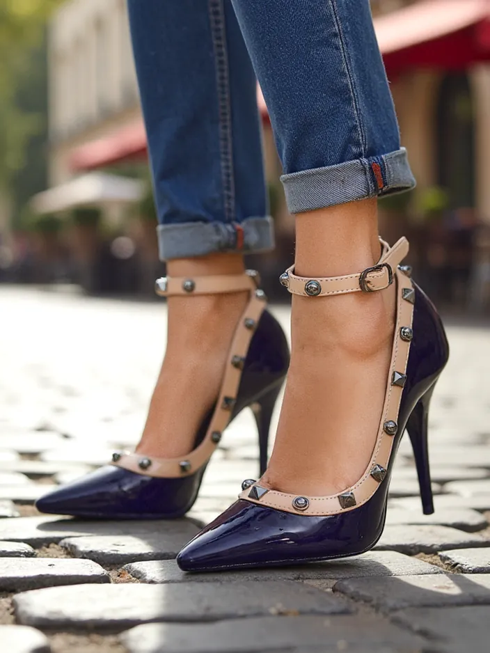 Royalfashion Patent Damen-Stilettos mit Nieten Qoscalle