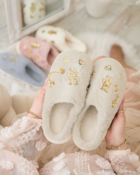 Royalfashion Beige Damenpelzpantoffeln mit Ornamenten Erserra