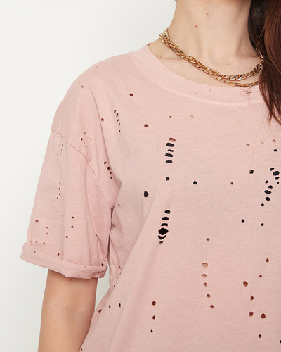 Damen-T-Shirt aus Baumwolle mit dekorativen Löchern in Pastellrosa - Bekleidung