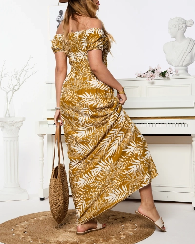 Floral Senf Damen Midikleid - Kleidung