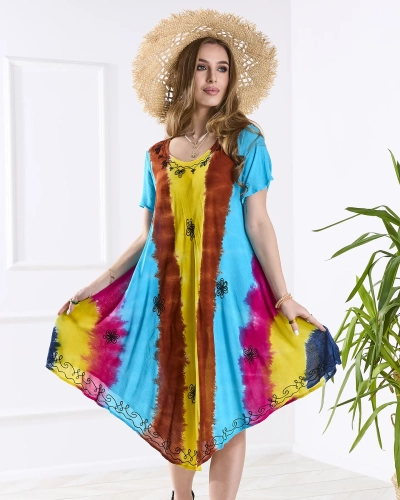 Braunes und gelbes Damen Strandkleid Tagesdecke mit Patches - Kleidung