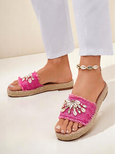 Damen Pantoletten Royalfashion Callista Fuchsia auf Plateau mit Muscheln