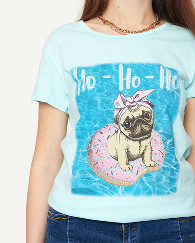 Mintgrünes Damen-T-Shirt mit Hundeaufdruck - Bekleidung