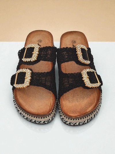 Royalfashion Damensandalen mit Strassschnallen GlamCork