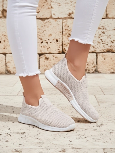 Damen-Sneakers beige Eulalia Slip-On flacher Absatz Stoff Sommer Frühling