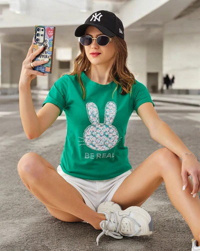 Royalfashion Damen Baumwoll T-Shirt Bunny Say Be Real