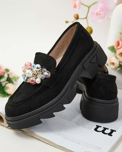 Royalfashion Schwarze Damen Mokassins mit bunten Glam-Kristallen