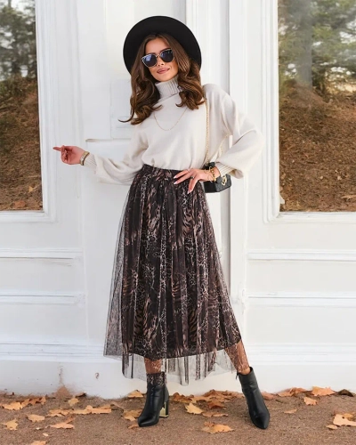 Royalfashion Damen gemusterter Midi-Rock mit Tüll