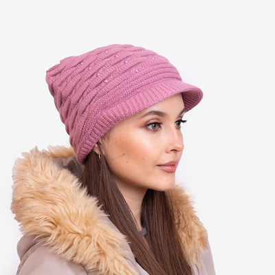 Dunkelrosa warme Damenmütze mit Perlen - Accessoires