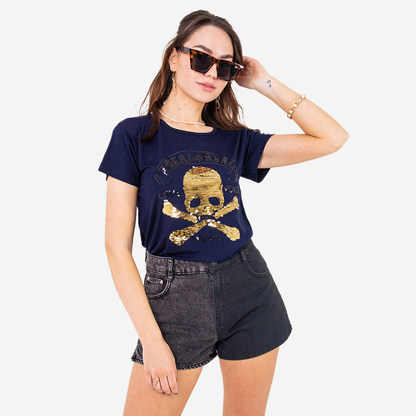 Marineblaues Damen-T-Shirt mit Pailletten und Aufschriften - Kleidung