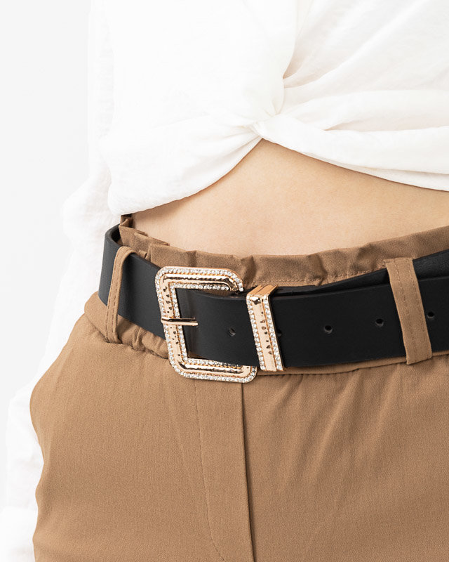 Schwarzer Damengürtel mit goldener Schnalle mit Zirkonia - Accessoires