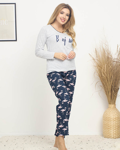 2-teiliger Damen-Pyjama in Grau und Marineblau mit Flamingos - Kleidung