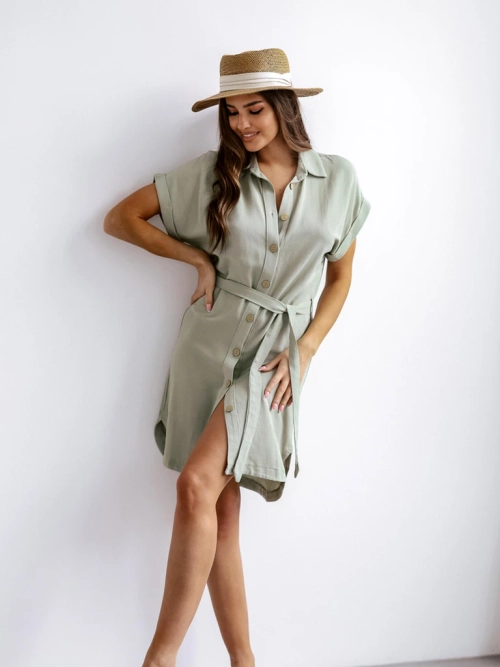 Royalfashion Жіноча міні-сукня з короткими рукавами та поясом на ґудзиках