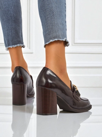 Damen Loafer Persephone Nero mit Blockabsatz Öko-Leder goldene Schnalle