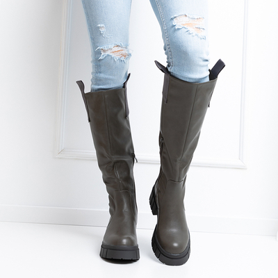 Dunkelgrüne kniehohe Stiefel für Damen mit flachen Absätzen Bitsy - Schuhe