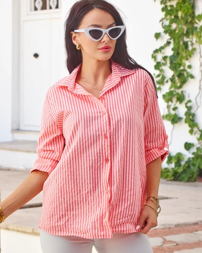 Royalfashion Damen gestreiftes Baumwollhemd mit Band am Saum
