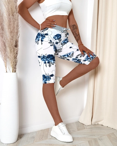 Damen 3/4 Shorts mit Blumenmuster in Weiß und Marineblau PLUS SIZE- Kleidung