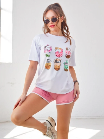 Royalfashion Damen Sportset mit T-Shirt und Shorts Kitty Cat