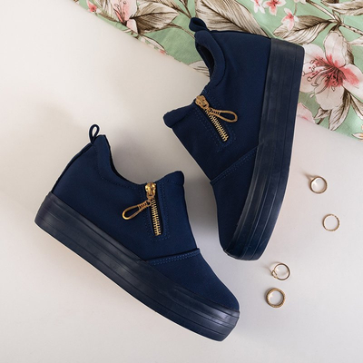Dunkelblaue Damenbrogues auf einem Indoor-Keilabsatz mit goldenen Reißverschlüssen Leonita - Footwear