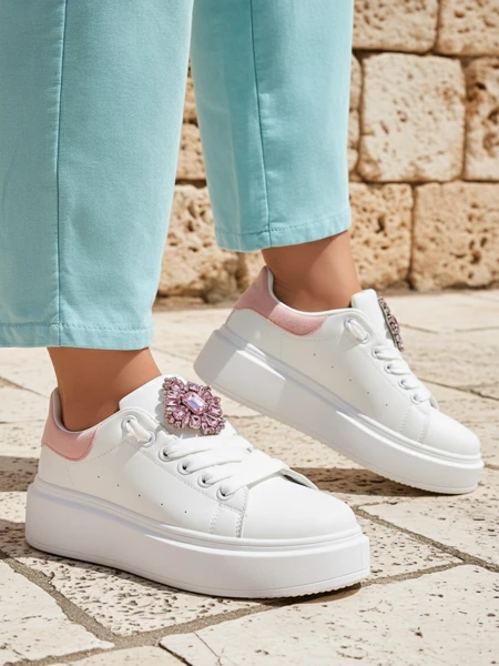 Damen-Sneakers Hypatia Bianco aus Öko-Leder mit Verzierung und rosa Akzent