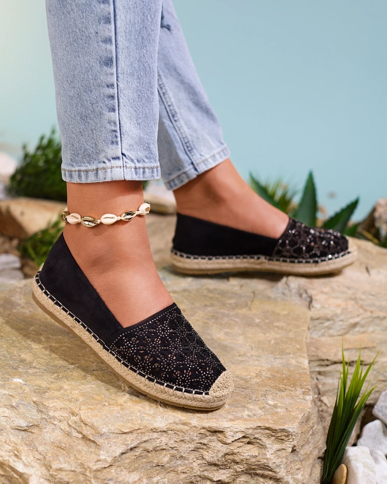 Royalfashion Schwarze Damen-Espadrilles mit Zirkonen Cyrilla