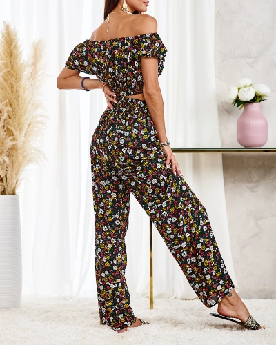 Royalfashion Schwarzes zweiteiliges Set für Damen mit Blumenmuster