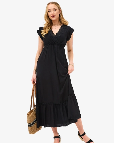 Schwarzes langes Damenkleid mit Spitze - Kleidung