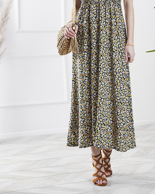 Жіноча квіткова сукня міді чорного кольору - Одяг