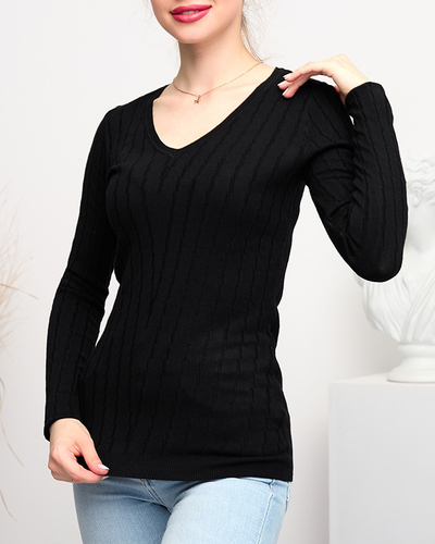 Schwarzer Damenpullover mit V-Ausschnitt - Kleidung
