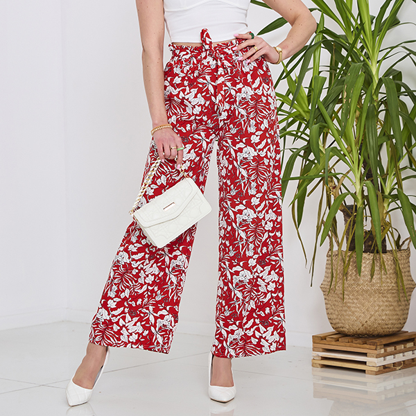 Rote Damen-Palazzo-Hose mit weißen Blumen - Kleidung