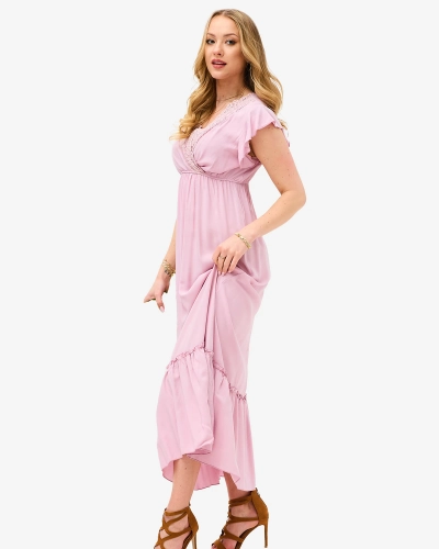 Rosafarbenes langes Damenkleid mit Spitze - Kleidung