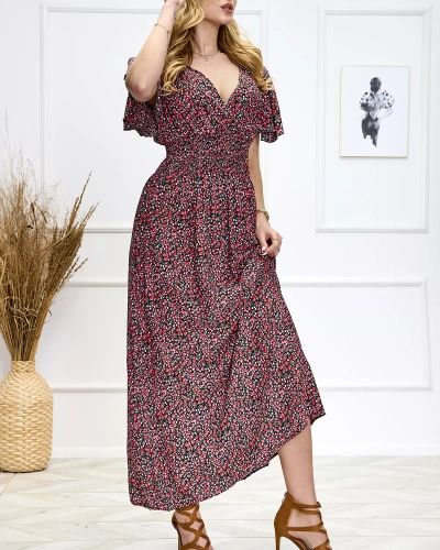 Schwarzes langes Damenkleid mit Blumendruck - Kleidung