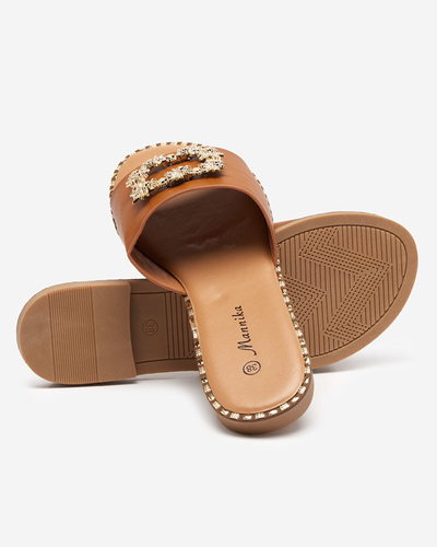 OUTLET Hellbraune elegante Damenhausschuhe mit goldener Verzierung Meriso - Footwear