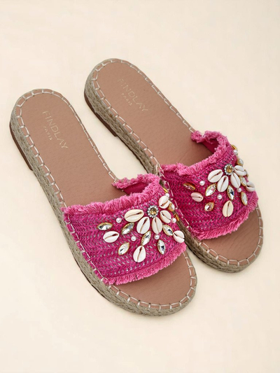 Damen Pantoletten Royalfashion Callista Fuchsia auf Plateau mit Muscheln