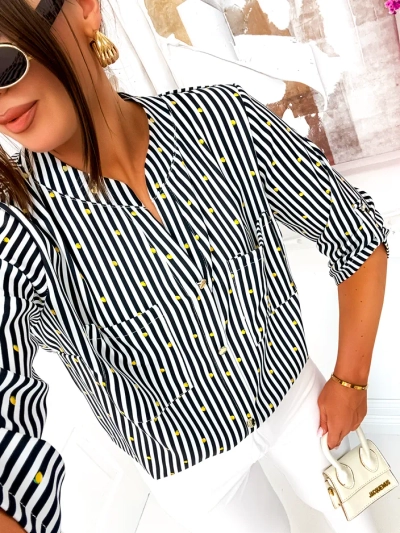 Royalfashion Damen gestreiftes Hemd mit Zitronen und V-Ausschnitt