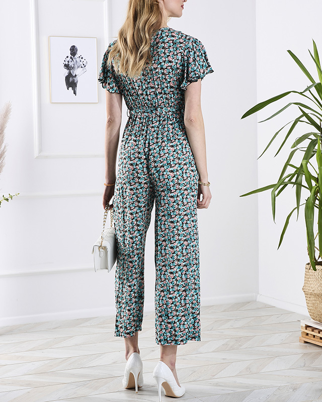 Schwarzer langer Damenoverall mit blauen Blumen - Kleidung