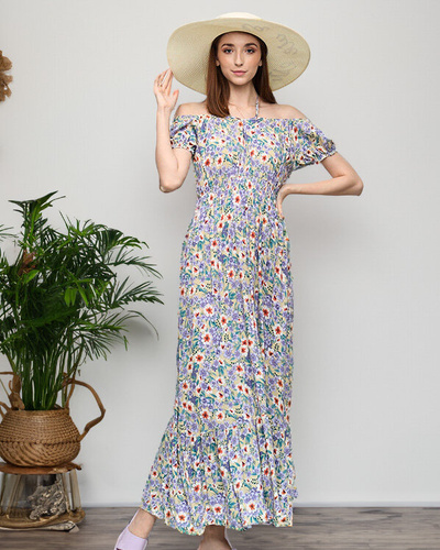 Langes grünes Sommerkleid für Damen mit lila Blumen - Kleidung