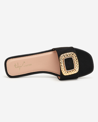 OUTLET Schwarze Öko-Wildleder-Hausschuhe für Damen mit goldener Schnalle Lozi. Schuhwerk