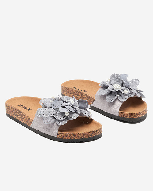Graue Damenhausschuhe mit Stoffblumen Serine - Schuhe