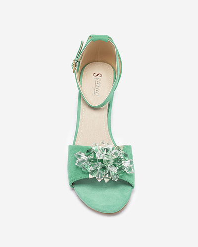 Grüne Damensandalen auf einem Pfosten mit dekorativen Kristallen Cerosso- Footwear