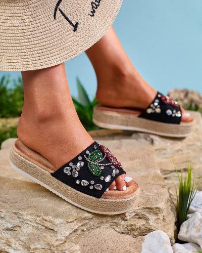 Royalfashion Schwarze verzierte Damen-Flip-Flops mit dicker Sohle Avadeka