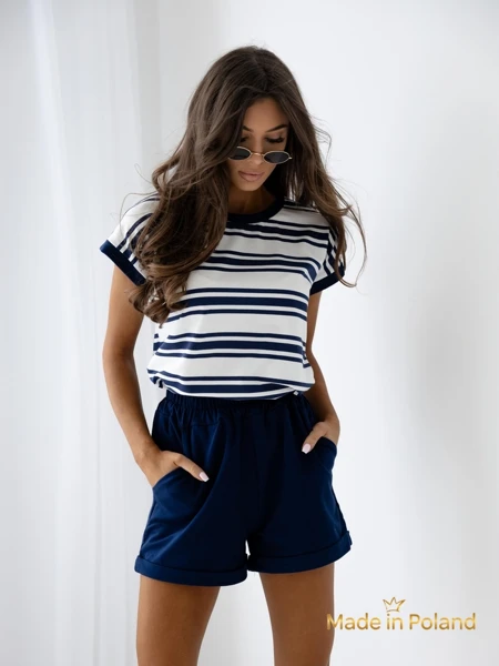Royalfashion Baumwoll Damen-Set mit kurzen Ärmeln und gestreiften Shorts