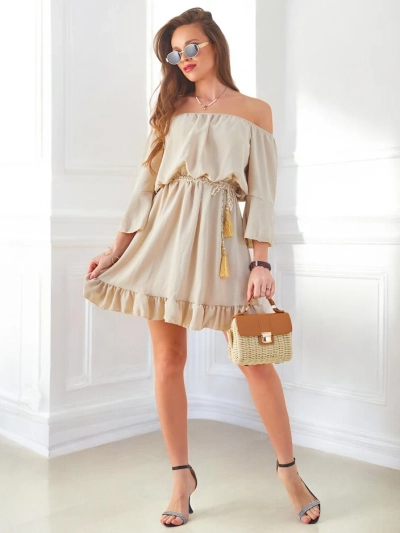 Royalfashion Damen Mini-Kleid schulterfrei mit langen Ärmeln und Strasssteinchen