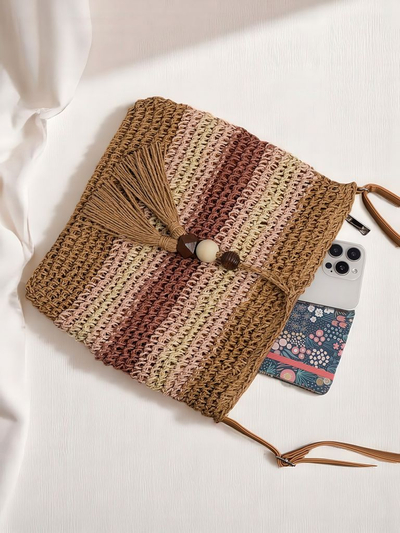 Royalfashion Kleine Strohtasche für Damen mit Streifen-Charm Mini