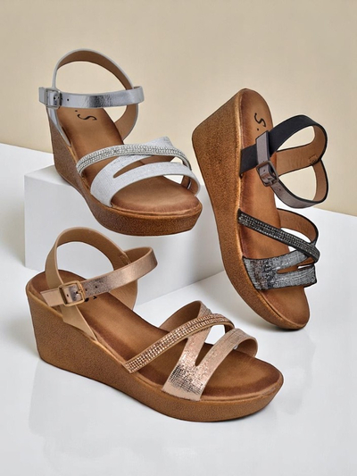 Royalfashion Damen Wedgesandalen mit Strass und Glitzer Eclat