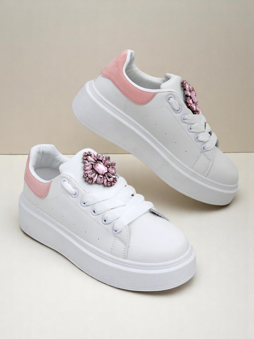 Жіночі снікерси Hypatia Bianco з екошкіри з прикрасою та рожевим акцентом